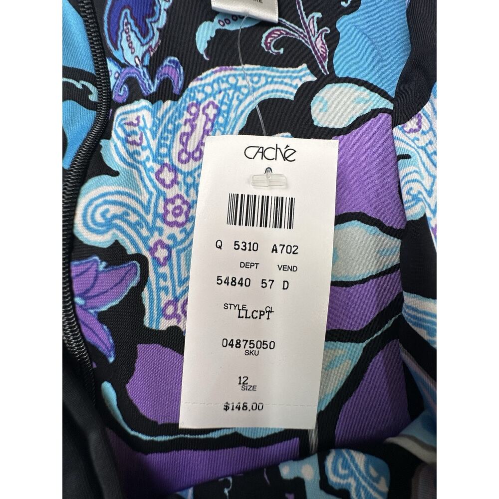 Cache Abstract Paisley Wrap Front Dress Purple Blue Black Ruched Y2K Sz 12 NWT - Picture 9 of 9